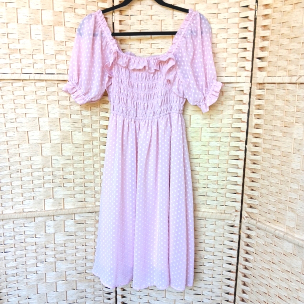 Indigo Rose Pink Polka Dot Dress Puff Sleeve Peasant Prairie